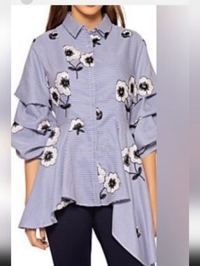 Gracia for Bloomingdale’s Embroidered Stripe Cascade Blouse.New No Tag.